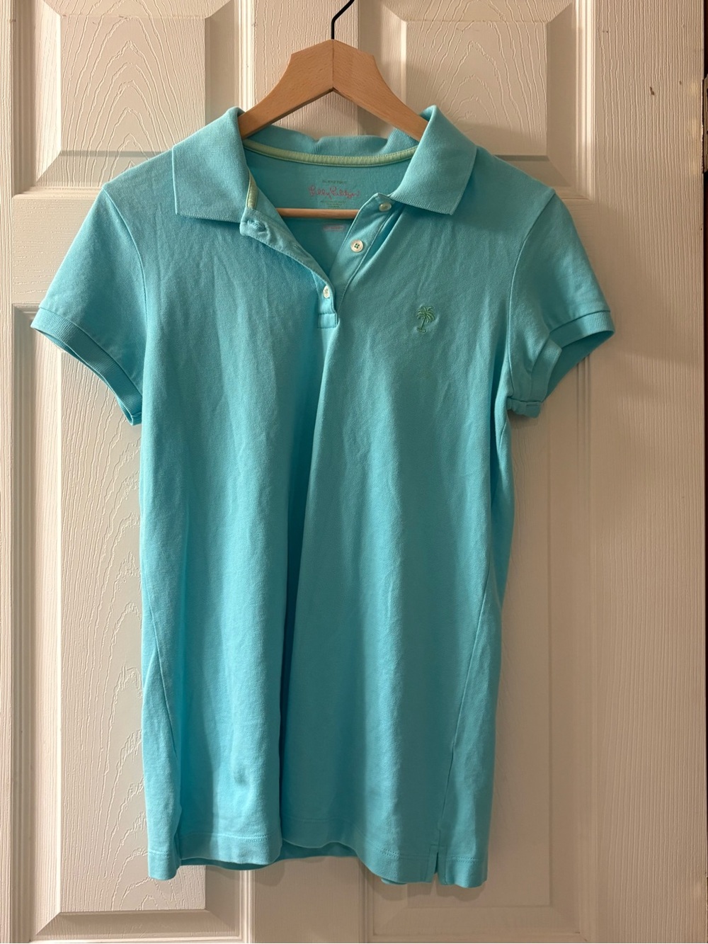 Lilly Pulitzer Island Polo Women’s Medium Turquoise Palm Tree Polo Shirt
